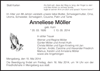 Traueranzeige von Anneliese Möller von HNA