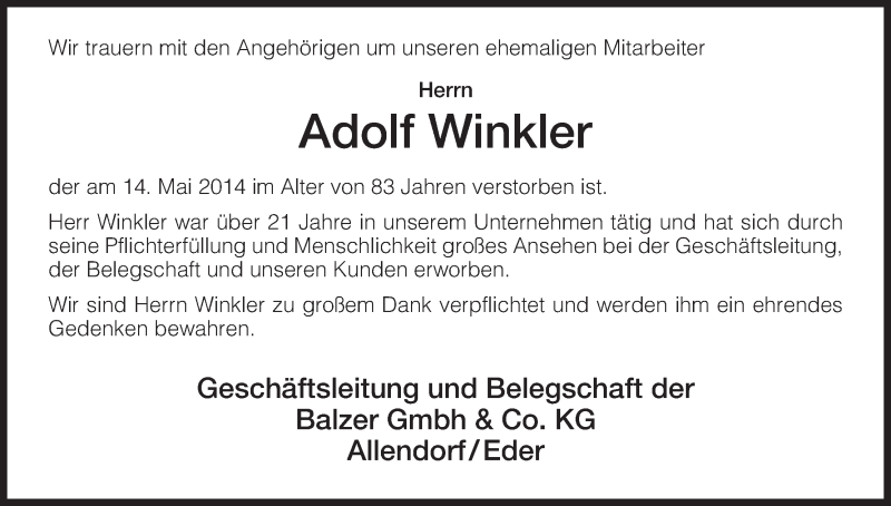 Traueranzeigen von Adolf Winkler | Trauer.HNA.de