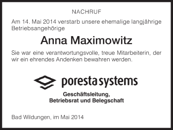 Traueranzeige von Anna Maximowitz von HNA