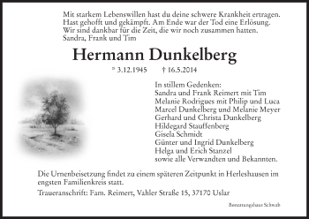 Traueranzeige von Hermann Dunkelberg von HNA