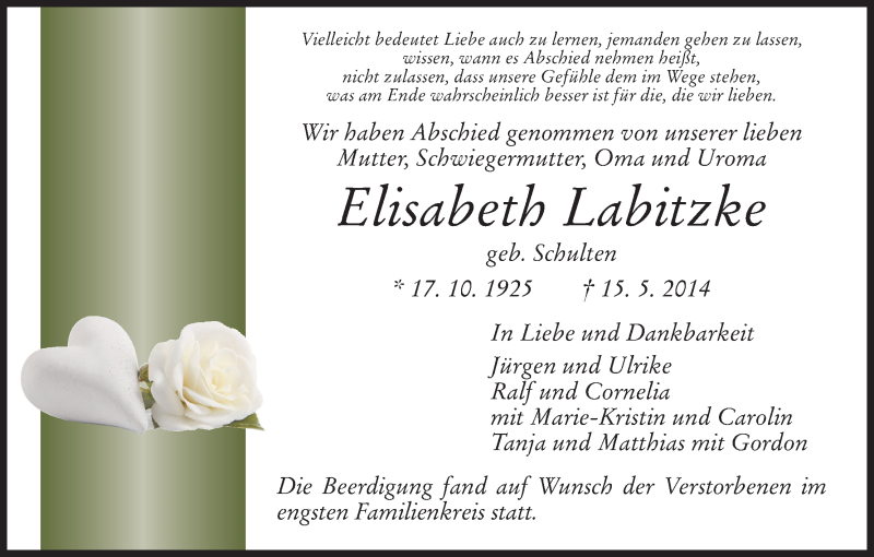  Traueranzeige für Elisabeth Labitzke vom 20.05.2014 aus HNA