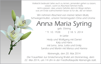 Traueranzeige von Anna Maria Syring von HNA
