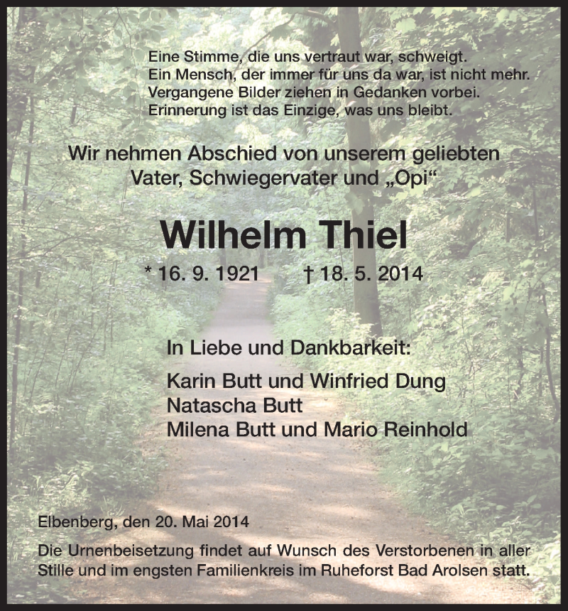  Traueranzeige für Wilhelm Thiel vom 20.05.2014 aus HNA