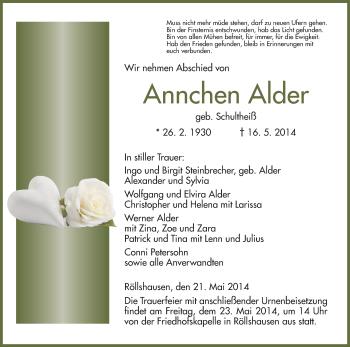 Traueranzeige von Annchen Alder von HNA