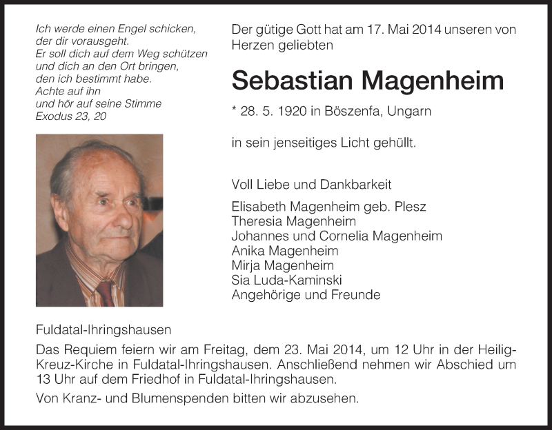  Traueranzeige für Sebastian Magenheim vom 21.05.2014 aus HNA