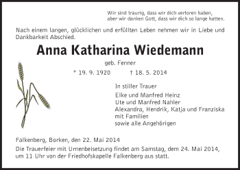 Traueranzeige von Anna Katharina Wiedemann von HNA