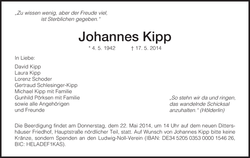  Traueranzeige für Johannes Kipp vom 21.05.2014 aus HNA