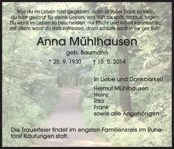 Traueranzeige von Anna Mühlhausen von HNA