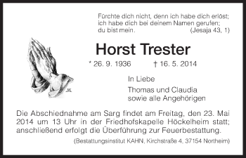 Traueranzeige von Horst Trester von HNA