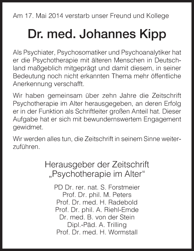  Traueranzeige für Johannes Kipp vom 22.05.2014 aus HNA