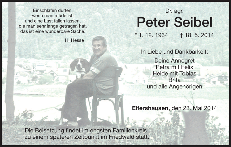  Traueranzeige für Peter Seibel vom 23.05.2014 aus HNA