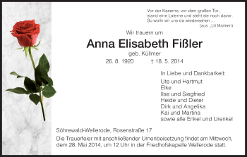 Traueranzeige von Anna Elisabeth Fißler von HNA