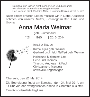 Traueranzeige von Anna Maria Weimar von HNA