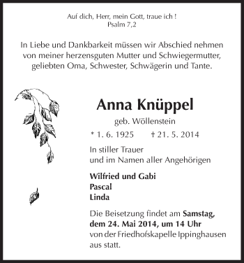 Traueranzeige von Anna Knüppel von HNA