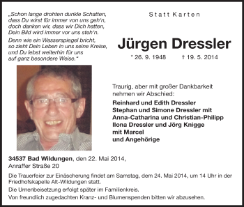 Traueranzeige von Jürgen Dressier von HNA