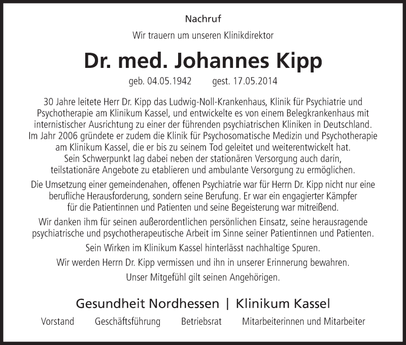  Traueranzeige für Johannes Kipp vom 23.05.2014 aus HNA