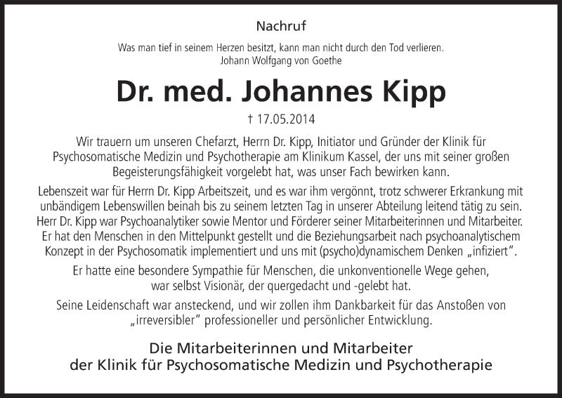  Traueranzeige für Johannes Kipp vom 23.05.2014 aus HNA