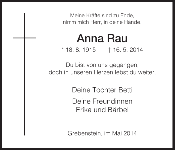 Traueranzeige von Anna Rau von HNA