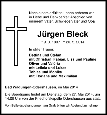 Traueranzeige von Jürgen Bleck von HNA