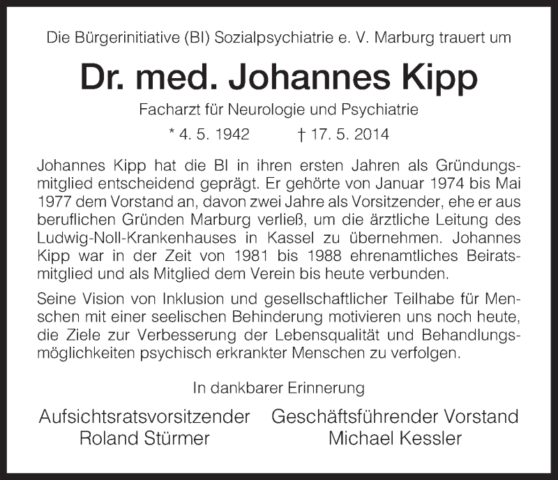  Traueranzeige für Johannes Kipp vom 24.05.2014 aus HNA