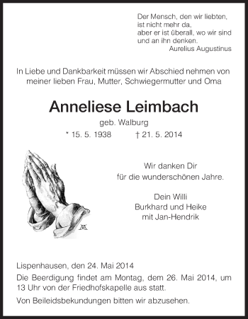 Traueranzeige von Anneliese Leimbach von HNA