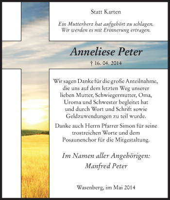 Traueranzeige von Anneliese Peter von HNA