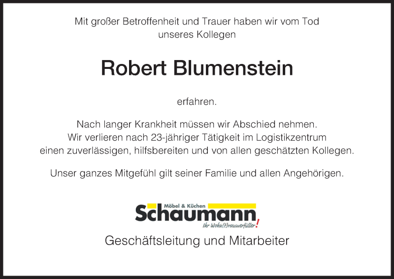 Traueranzeige für Robert Blumenstein vom 24.05.2014 aus HNA