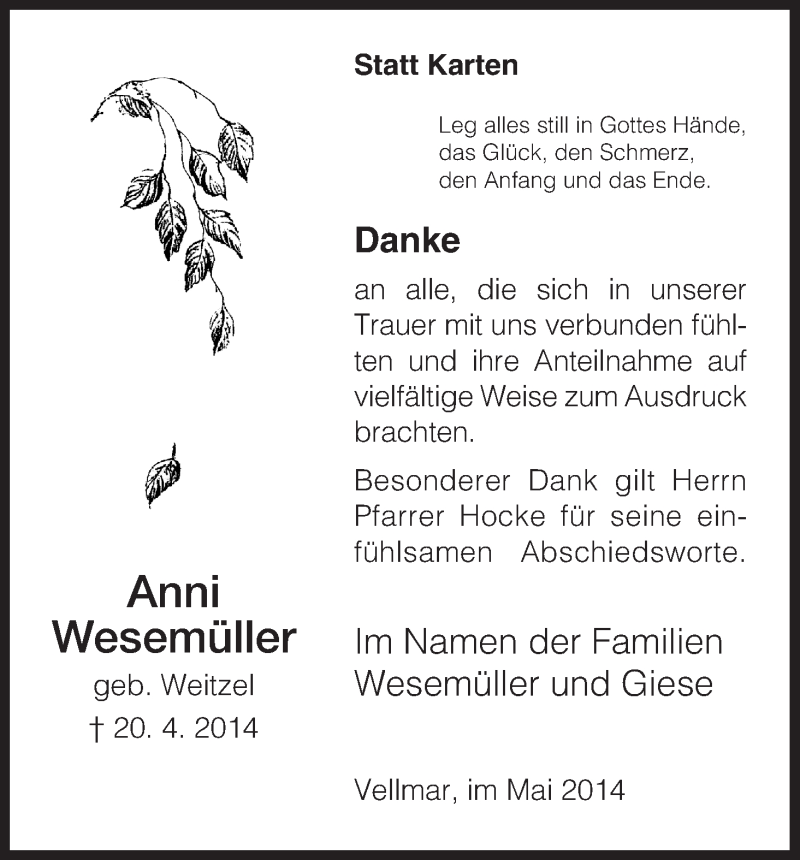  Traueranzeige für Anni Wesemüller vom 27.05.2014 aus HNA