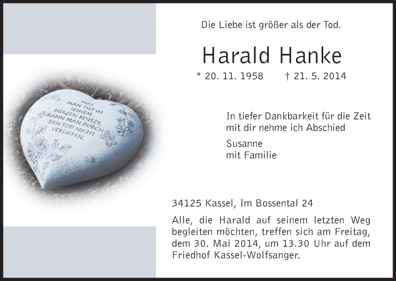  Traueranzeige für Harald Hanke vom 27.05.2014 aus HNA