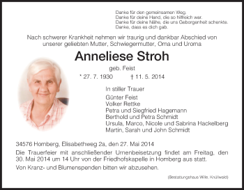 Traueranzeige von Anneliese Stroh von HNA