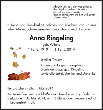 Traueranzeige von Anna Ringeling von HNA