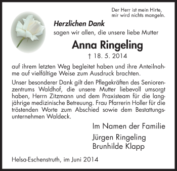 Traueranzeige von Anna Ringeling von HNA