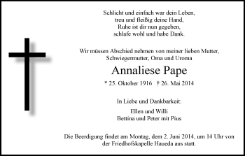 Traueranzeige von Annaliese Pape von HNA