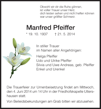 Traueranzeige von Manfred Pfeiffer von HNA