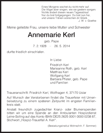 Traueranzeige von Annemarie Kerl von HNA