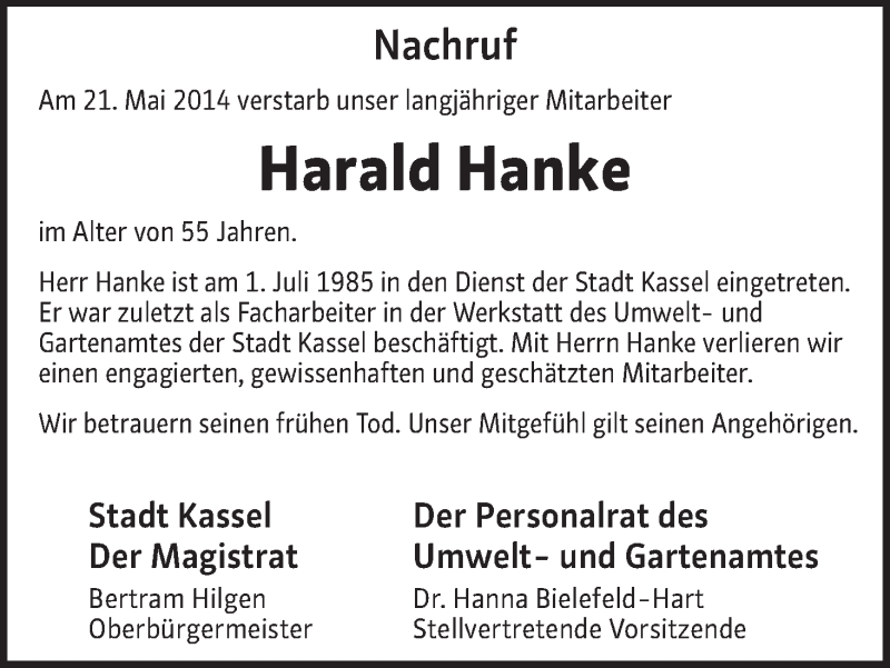  Traueranzeige für Harald Hanke vom 29.05.2014 aus HNA
