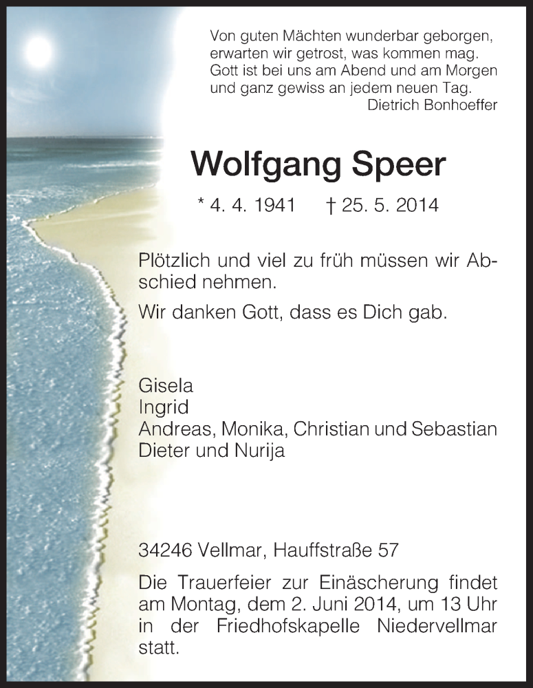  Traueranzeige für Wolfgang Speer vom 29.05.2014 aus HNA