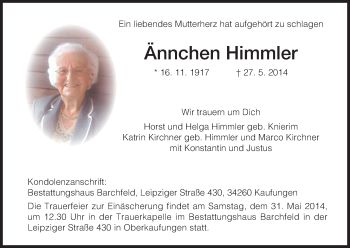 Traueranzeige von Ännchen Himmler von HNA
