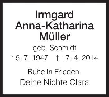 Traueranzeige von Irmgard Anna-Katharina Müller von HNA