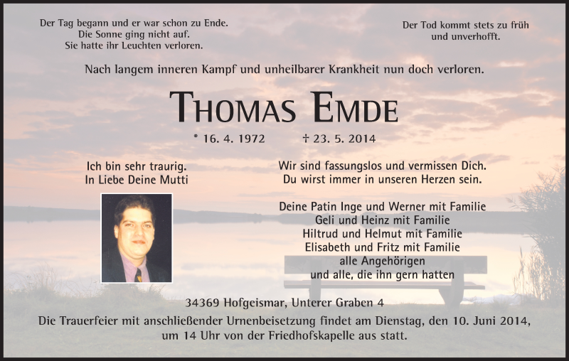  Traueranzeige für Thomas Emde vom 06.06.2014 aus HNA