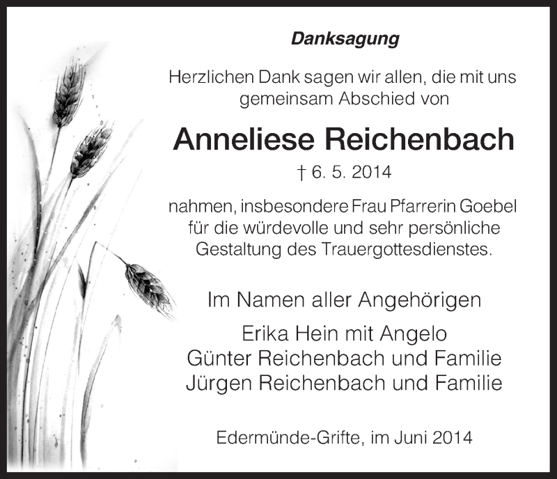  Traueranzeige für Anneliese Reichenbach vom 07.06.2014 aus HNA