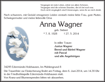 Traueranzeige von Anna Wagner von HNA