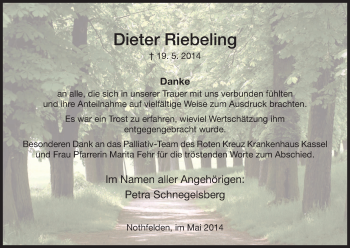 Traueranzeige von Dieter Riebeling von HNA