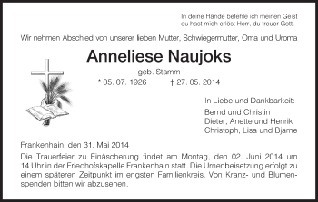 Traueranzeige von Anneliese Naujoks von HNA