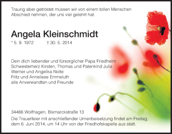Traueranzeige von Angela Kleinschmidt von HNA