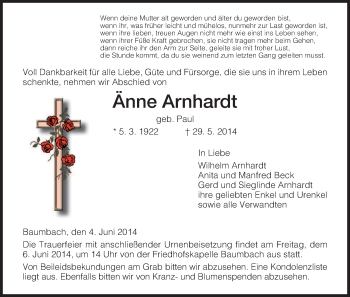 Traueranzeige von Änne Arnhardt von HNA
