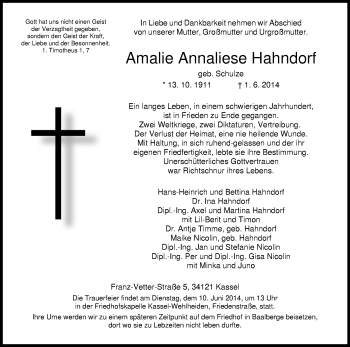 Traueranzeige von Amalie Annaliese Hahndorf von HNA