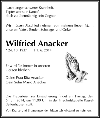 Traueranzeige von Wilfried Anacker von HNA