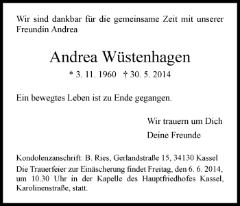 Traueranzeige von Andrea Wüstenhagen von HNA