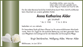 Traueranzeige von Anna Katharina Alder von HNA
